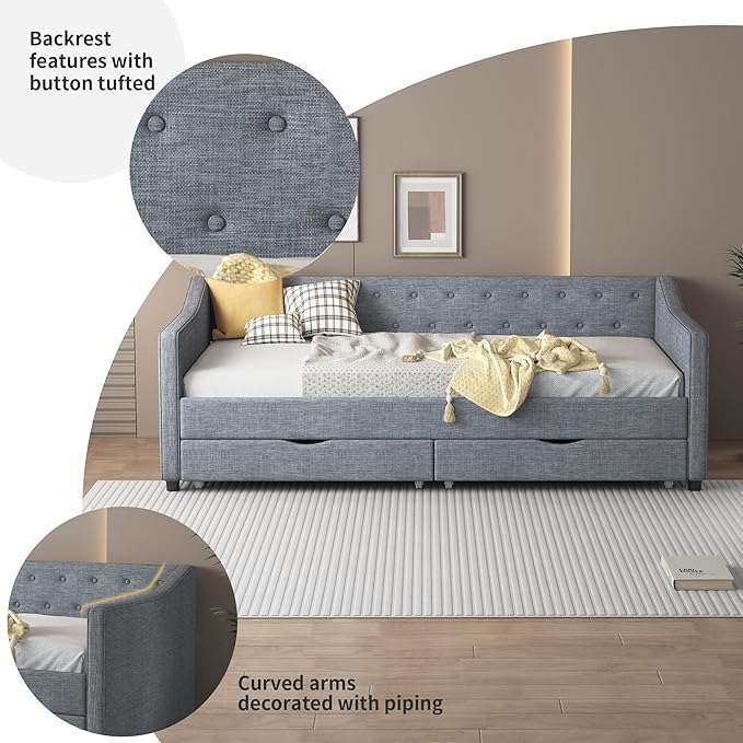 Twin Daybed Frame with 2 Storage Drawers,Upholstered Sofa Bed W/Button & Nailhead Tufted Design,Wood Slats Support,Linen Fabric Bedframe for Living Room Bedroom Apartment,Light Gray - LeafyLoom