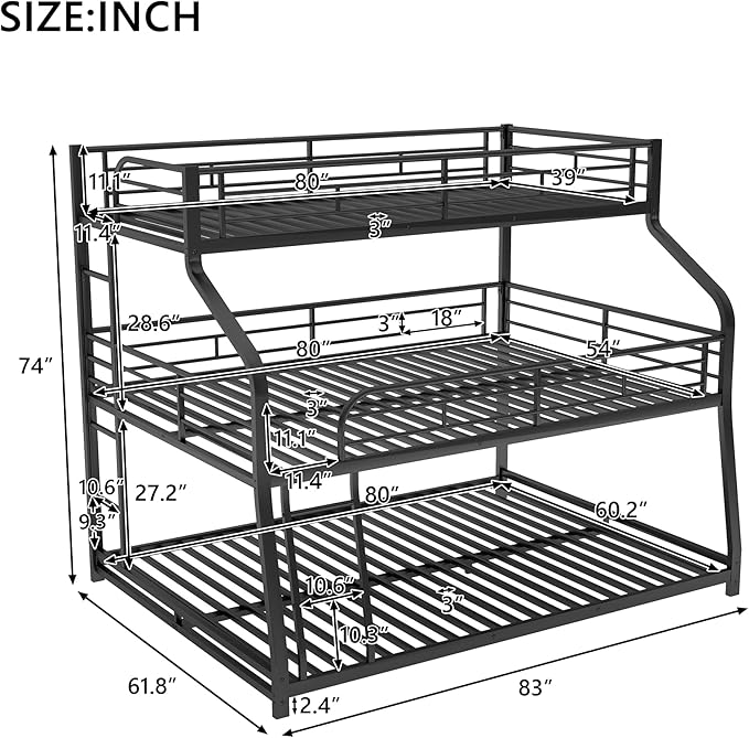 Twin XL/Full XL/Queen Triple Bunk Bed with Long and Short Ladder and Full-Length Guardrails,Metal Bed-Frame for Bedroom/Living Room/Apartment,Guest-Room,Black - LeafyLoom