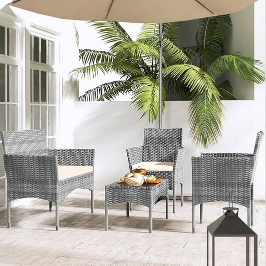 Patio Furniture, 4 Piece Conversation Set, Outdoor Wicker Rattan Table and Chairs, Sectional Sofa with Thick Cushion for Garden, Yard, or Porch, Grey - LeafyLoom