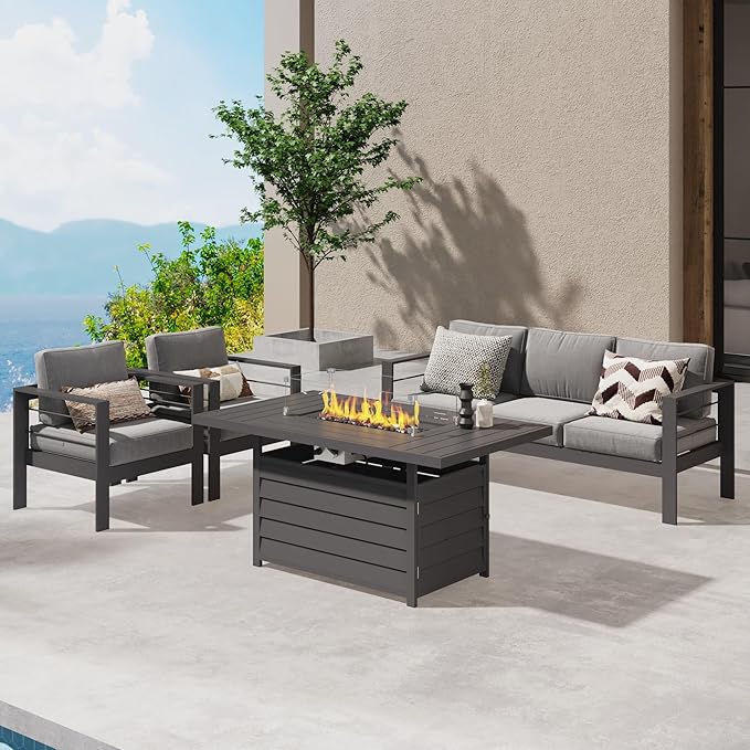 Wisteria Lane Aluminum Patio Furniture Set, 4 Pcs Metal Outdoor Furniture Set with CSA Certified 54in Propane Gas Fire Pit Table, Patio Conversation Set with 5in Olefin Cover Cushions, Dark Grey - LeafyLoom