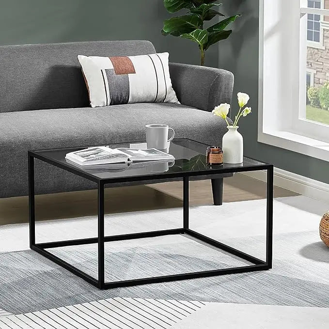 SAYGOER Glass Coffee Table, Small Modern Coffee Table Square Simple Center Tables for Living Room 26.7 x 26.7 x 15.7 Inches, Gray Black - LeafyLoom