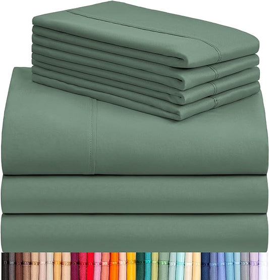 LuxClub 7 PC Split King Sheet Set, Breathable Luxury Bed Sheets, Deep Pockets 18" Eco Friendly Wrinkle Free Cooling Sheets Machine Washable Hotel Bedding Silky Soft - Tree Moss Green Split King - LeafyLoom