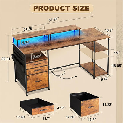 Computer Desk with 3 File Cabinet Drawers, 57.8'' Reversible Gaming Desk with LED Lights and Power Outlets, Office Desk with Storage Shelves for Home & Office (Rustic Brown) - LeafyLoom