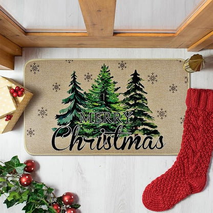 Merry Christmas Door Mat ,Pine Trees Snowflakes Welcome Doormat for Front Door,Non-Slip Winter Xmas Holiday Front Porch Rugs, Indoor Outdoor Entry Doormats Low-Profile Floor Mats,29 x 17 Inch Vanleonet