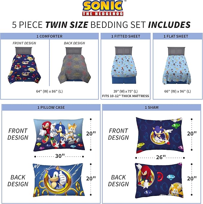 Franco Kids Bedding Super Soft Comforter and Sheet Set with Sham, 5 Piece Twin Size, Sonic The Hedgehog, Anime - LeafyLoom