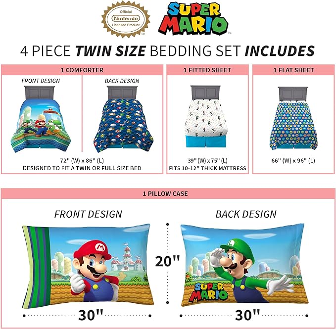 Franco Kids Bedding Super Soft Comforter and Sheet Set, 4 Piece Twin Size, Mario - LeafyLoom