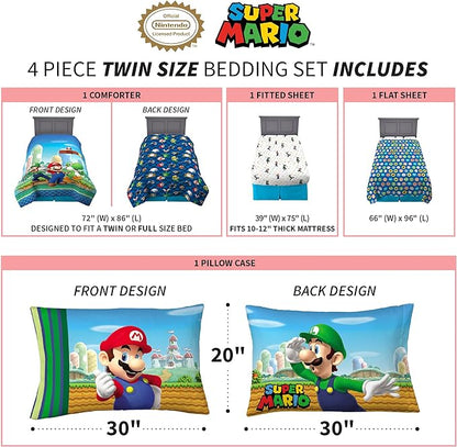 Franco Kids Bedding Super Soft Comforter and Sheet Set, 4 Piece Twin Size, Mario - LeafyLoom