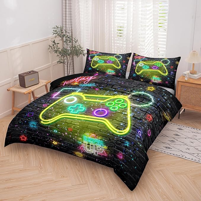 Boys Queen Size Bedding Set, 3 Pieces, Gamepad 08, Includes 1 Comforter & 2 Pillowcases - LeafyLoom