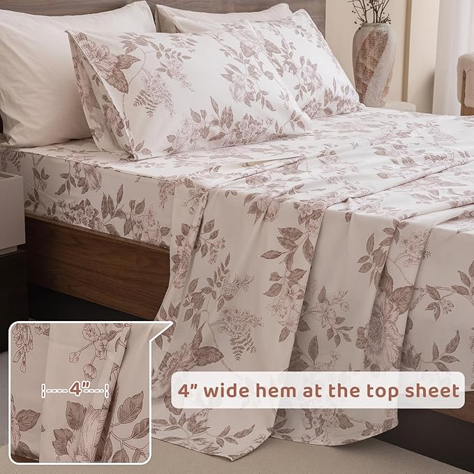 QSH Floral Egyptian Cotton Sheets King Size - Flower Bedding Sheets Botanical Pattern Printed Bedding King Size Bed Sheets 17.5" Extra Deep Pocket 4pcs - LeafyLoom