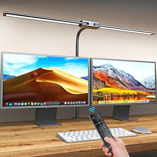 LASTAR LED Desk Lamp with Remote Control ＆ 32.5" Wide Double Head, Architect Desk Lamp for Home Office with Clamp, Timer, 24W Ultra Bright Gooseneck Desk lamp for Computer Reading, Black - LeafyLoom