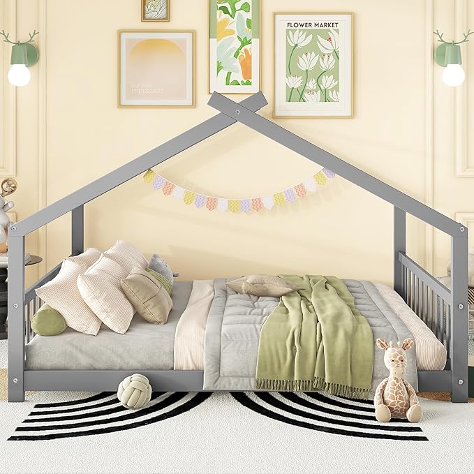 Montessori Floor Bed Frame Full Size, Full Floor Bed Frame with Headboard, Footboard and Slats, Wood Montessori Bed Frame/Montessori House Bed for Kids, Girls, Boys(Gray) - LeafyLoom