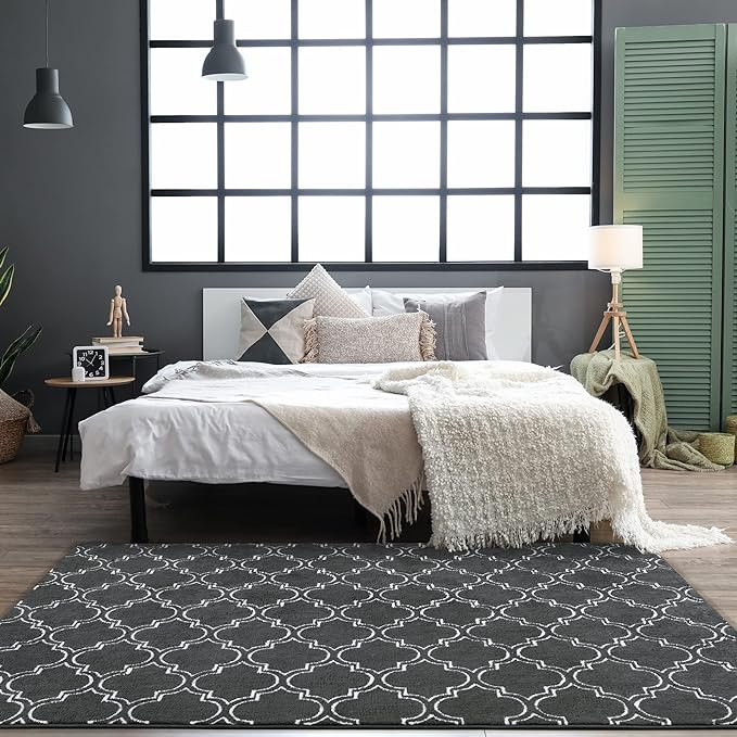 Chicrug Shag Geometric Modern Area Rug for Living Room, 7x10 Feet Large Memory Foam Indoor Carpet, Fluffy Rug for Bedroom Bedside Room Decor for Family Girls Kids Nursery, Dark Grey/White - LeafyLoom