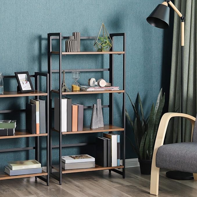 VASAGLE Industrial Bookshelf, Folding Bookcase, 4-Tier Ladder Shelf, Wood Look Accent Furniture with Metal Frame, for Home Office Sturdy and Stable ULLS88X - LeafyLoom