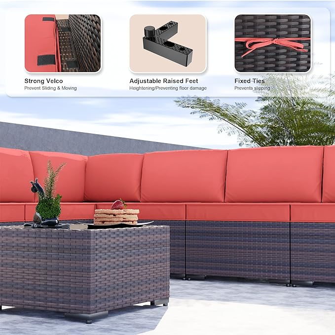 Kullavik 9PCS Outdoor Patio Furniture Set PE Wicker Rattan Sectional Sofa Patio Conversation Sets,Red - LeafyLoom