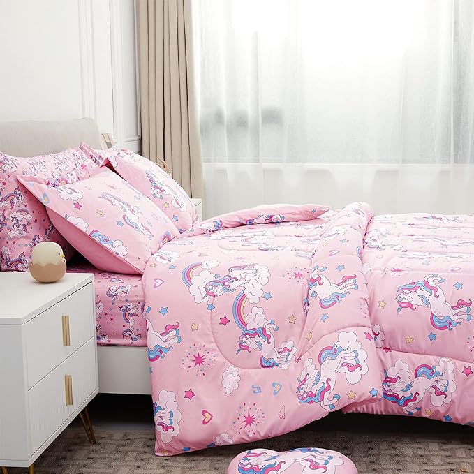 Mooreeke Kids Comforter Bed Set Full Size for s Girls, 8 Pieces Bed in a Bag with Shams, Sheet Set, Pink Unicorn Full Soft Microfiber Kids Comforter Bedding Set - LeafyLoom