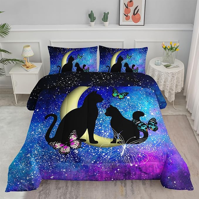 Black Cat Bedding Cartoon Cat Comforter Set Full,Butterflies Moon Printed Kids Bedding Set for Kids Boys Girls Adults Teens,Kids Comforter Set All Season,1 Quilt 2 Pillow Cases,Blue - LeafyLoom