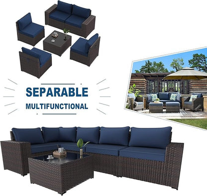 Kullavik 6PCS Outdoor Patio Furniture Set PE Wicker Rattan Sectional Sofa Patio Conversation Sets,Navy blue - LeafyLoom