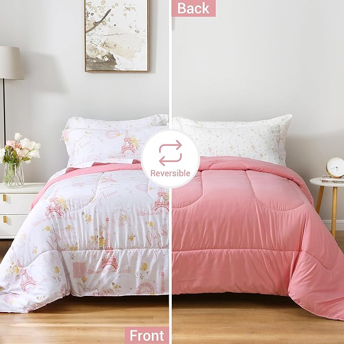 Printed Queen Bedding Sets with Comforter and Sheets, 7 Piece Bed in A Bag Comforter Set with Fluffy Microfiber, Romantic Paris City Floral Pink Retro Eiffel Tower Pattern - LeafyLoom