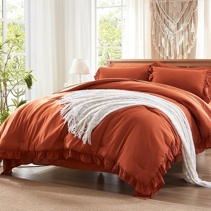 Anluoer Full Comforter Set 7 Piece, Burnt Orange Bed in a Bag with Sheets, All Season Ruffle Shabby Chic Bedding Sets with 1 Comforter, 2 Pillow Shams, 2 Pillowcases, 1 Flat Sheet, 1 Fitted Sheet - LeafyLoom