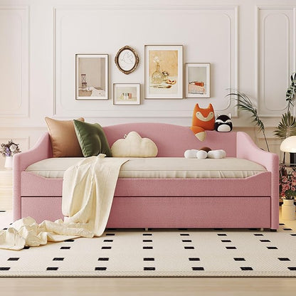 Teddy Fleece Full Size Upholstered Daybed with LED Light and Trundle,Modern Wood Platform Bed W/Side Stripes,Easy Assembly,for Bedroom,Living Room,Guestroom,Pink - LeafyLoom