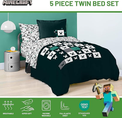 Minecraft Creeper Twin Comforter Set - 5 Piece Gamer Bedding includes Sheet Set & Pillow Covers - Super Soft Checkered Kids Bedding - LeafyLoom