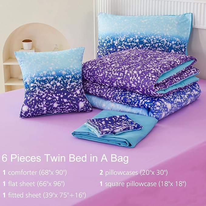 PERFEMET Blue Purple Girls Twin Comforter Set with Sheets, 6Pcs Glitter Tie Dye Rainbow Kids Girls Bedding Sets, Sparkle Gradient Ombre Bed in A Bag for Bedroom Decor - LeafyLoom