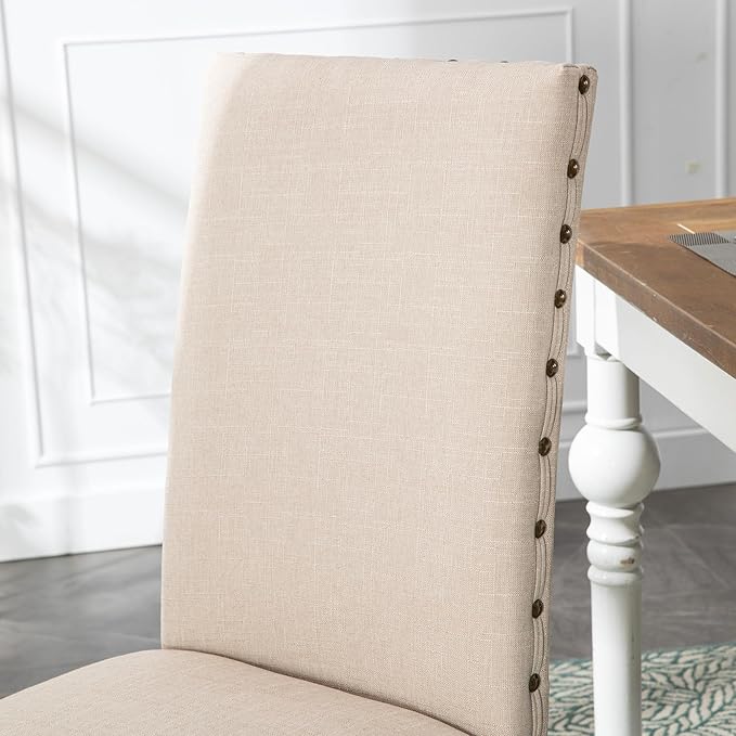 Upholstered Parsons Dining Chair with Nailhead Trim and Sturdy Solid Wood Legs, Set of 6, Cream - LeafyLoom