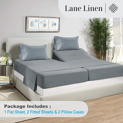 LANE LINEN Split King Sheets for Adjustable Beds - 1000 Thread Count 5 Piece Set 100% Egyptian Cotton Sateen Weave Cool Breathable & Soft 2 Fitted Fits Upto 17" Deep Pockets French Blue - LeafyLoom