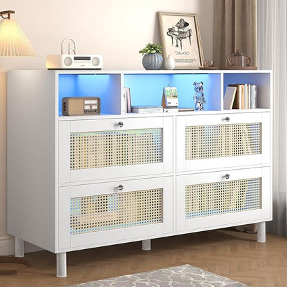 Sideboard Buffet Cabinet, Kitchen Storage Cabinet with Power Outlet & Led Lights, Accent Cabinet with 4 Rattan Doors, White - LeafyLoom