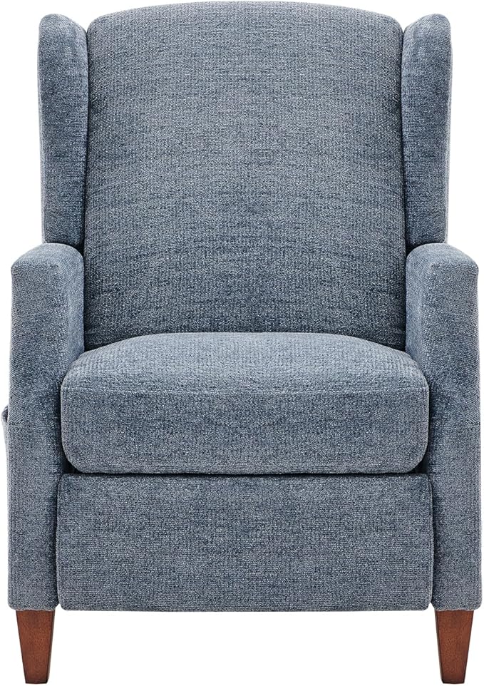 COLAMY Wingback Pushback Recliner Storage Pocket Upholstered Fabric Living Room Chair Armchair, with Wood Legs and Nailhead Trim, Dark Blue - LeafyLoom