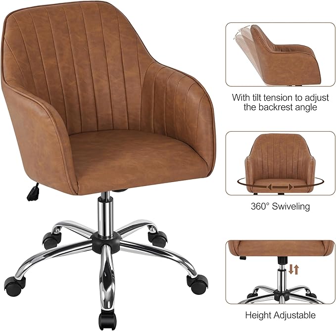 Yaheetech Modern Faux Leather Desk Chair Height Adjustable Task Chair Swivel Office Chair Makeup Chair Computer Chair Mid Back Chair Living Room Chairs with Arms Retro Brown - LeafyLoom