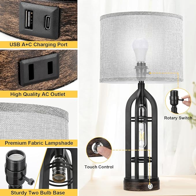 Table Lamp for Living Room - Grey Farmhouse Lamps for Night Stands with USB C+A, 3 Way Dimmable End Table Lamps Set of 2, Vintage Bedside Lamp for End Tables, Rustic Nightstand Lamps for Bedroom - LeafyLoom