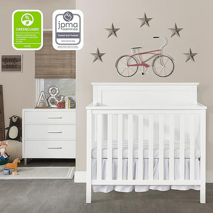 Ava 4-in-1 Convertible Mini Crib in White, Greenguard Gold Certified, Non-Toxic Finish, Comes with 1" Mattress Pad, with 3 Mattress Height Settings - LeafyLoom