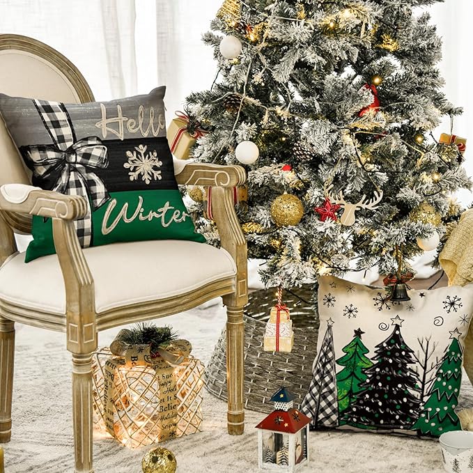 AVOIN colorlife Merry Christmas Joy Xmas Trees Green Throw Pillow Covers, 18 x 18 Inch Christmas Winter Holiday Cushion Case Decoration for Sofa Couch Set of 4 AVOINcolorlife