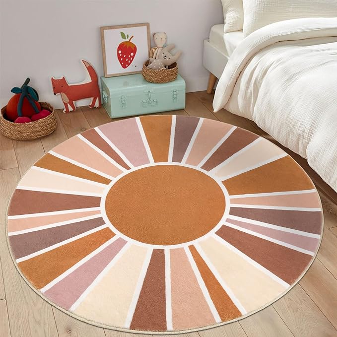 Topotdor Sun Rainbow Round Rug 5.2ft Boho Kids Nursery Rug, Colorful Washable Area Rug Ultra Soft Circle Classroom Rug Non-Slip for Bedroom Living Room Playroom Decor, Orange - LeafyLoom