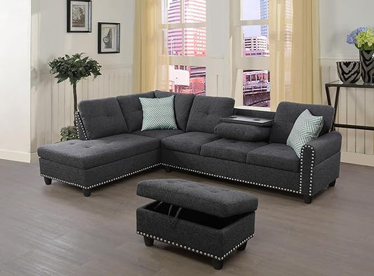 L Shape Modular Sectional Sofa with Cup Holders and Storage Ottoman,5-Seater Tufting Upholstered Corner Couch for Living Room,Apartment,Home Furniture Sets,Charcoal grey Left Chaise,98 Inch - LeafyLoom