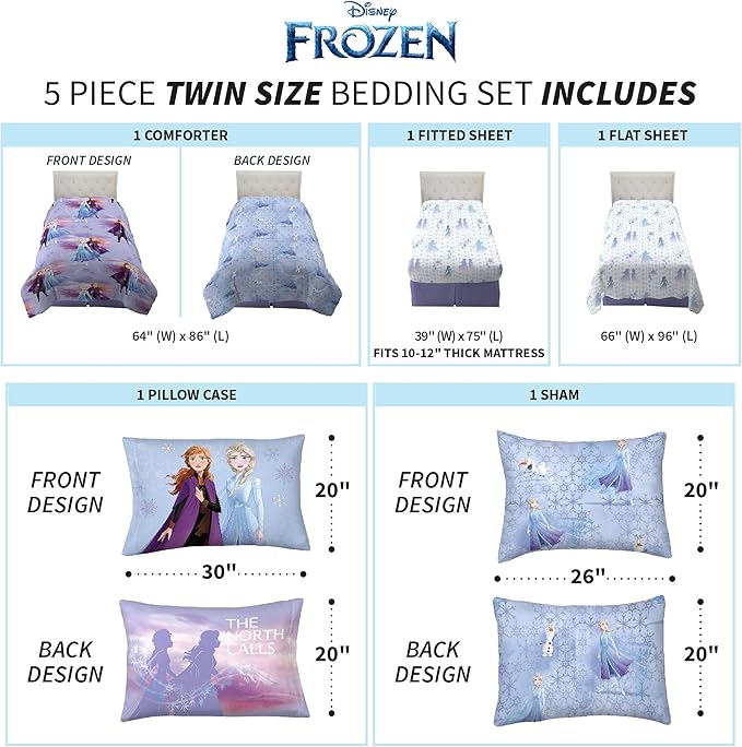 Disney Frozen 2 Kids Bedding Super Soft Comforter and Sheet Set with Sham, 5 Piece Twin Size, "Official" Disney Product By Franco - LeafyLoom