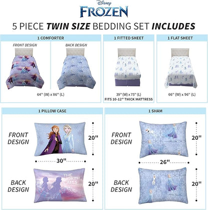 Disney Frozen 2 Kids Bedding Super Soft Comforter and Sheet Set with Sham, 5 Piece Twin Size, "Official" Disney Product By Franco - LeafyLoom