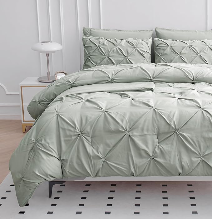 LANE LINEN King Size Comforter Set, 7 Piece Bed in a Bag King Size Set, Pintuck King Bed Set, Soft King Bedding Set, Pinch Pleated King Size Comforter Set with Sheets, Pillowcases & Shams - Mineral - LeafyLoom