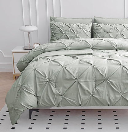 LANE LINEN King Size Comforter Set, 7 Piece Bed in a Bag King Size Set, Pintuck King Bed Set, Soft King Bedding Set, Pinch Pleated King Size Comforter Set with Sheets, Pillowcases & Shams - Mineral - LeafyLoom