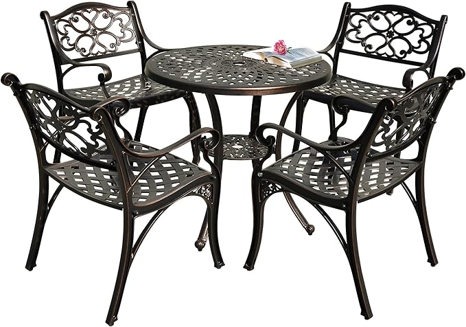 DWVO 5 Piece Outdoor Furniture Cast Aluminum Patio Dining Sets, All-Weather Patio Bistro Sets with 4 Chairs, 30 Inches Round Table with Umbrella Hole, Adjustable Feet for Balcony Backyard Deck Garden - LeafyLoom