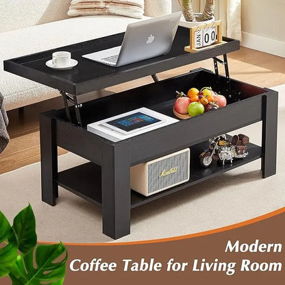 VECELO Lift Top Coffee Table with Storage Shelf and Hidden Compartment for Living Room/Office Reception, Black - LeafyLoom