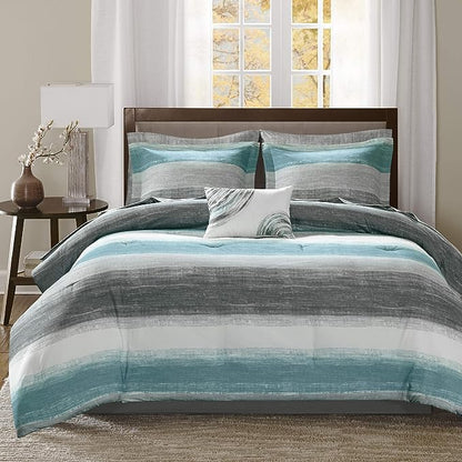 Madison Park Essentials Twin Comforter Set, Bed in a Bag Twin, Watercolor Print Coastal Comforter & Chambray Cotton Sheet Set, All Season Bedding Set, Saben, Aqua Twin (68 in x 86 in) 7 Piece - LeafyLoom