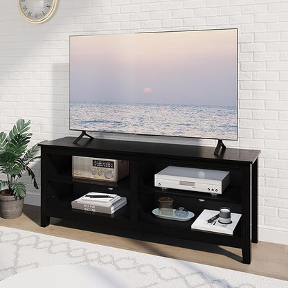 TV Stand for 65 inch TV with Storage,Modern TV Entertainment Center for Bedroom,TV Media Console Table with 4 Open Storage Shelve,55 inch Wood TV Cabinet Black - LeafyLoom