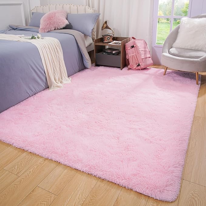 Softlife Ultra Soft Fluffy Area Rugs for Bedroom, Girls and Boys Room Kids Room Nursery Rug, 4 x 5.3 Feet Pink Shaggy Fur Indoor Plush Modern Floor Carpet for Living Room Christmas Decor - LeafyLoom