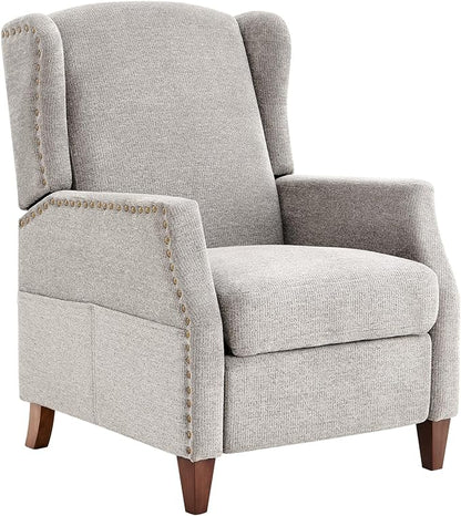 COLAMY Wingback Pushback Recliner Storage Pocket Upholstered Fabric Living Room Chair Armchair, with Wood Legs and Nailhead Trim, Light Grey - LeafyLoom