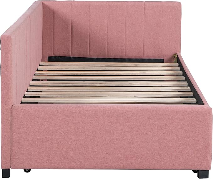 Twin Size Upholstered Linen Daybed with 2 Trundle,Semi-Closed Design,Solid Wood Bed Frame,W/Backrest and Slat Support,No Box Spring Needed,for Apartment Bedroom,Pink - LeafyLoom