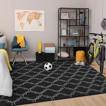 Chicrug Shag Geometric 6x9 Area Rug for Living Room, Large Modern Memory Foam Indoor Carpet, Fluffy Rug for Bedroom Bedside Room Decor for Family Girls Kids Nursery, Black/White - LeafyLoom