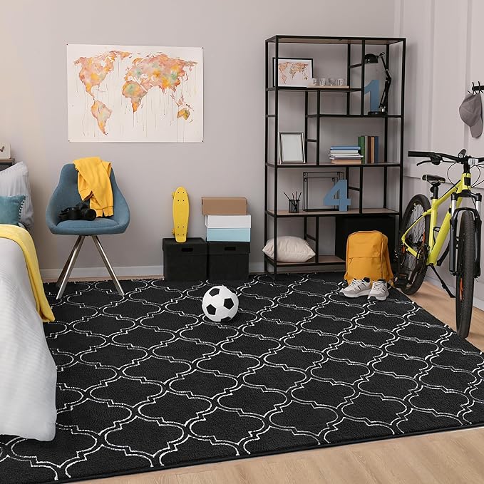 Chicrug Shag Geometric 5x7 Area Rug for Living Room, Large Modern Memory Foam Indoor Carpet, Fluffy Rug for Bedroom Bedside Room Decor for Family Girls Kids Nursery, Black/White - LeafyLoom