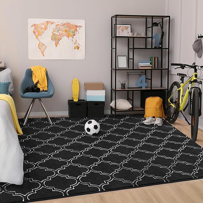 Chicrug Shag Geometric Modern Area Rug for Living Room, 3x5 Feet Large Memory Foam Indoor Carpet, Fluffy Rug for Bedroom Bedside Room Decor for Family Girls Kids Nursery, Black/White - LeafyLoom